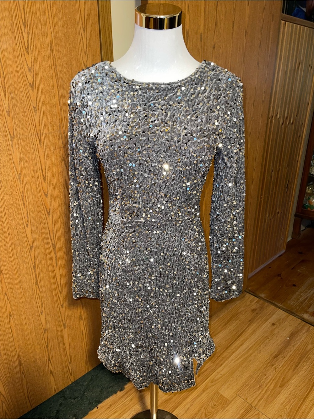 R. Vivimos Silver Sequin Long-Sleeve Backless Mini Dress